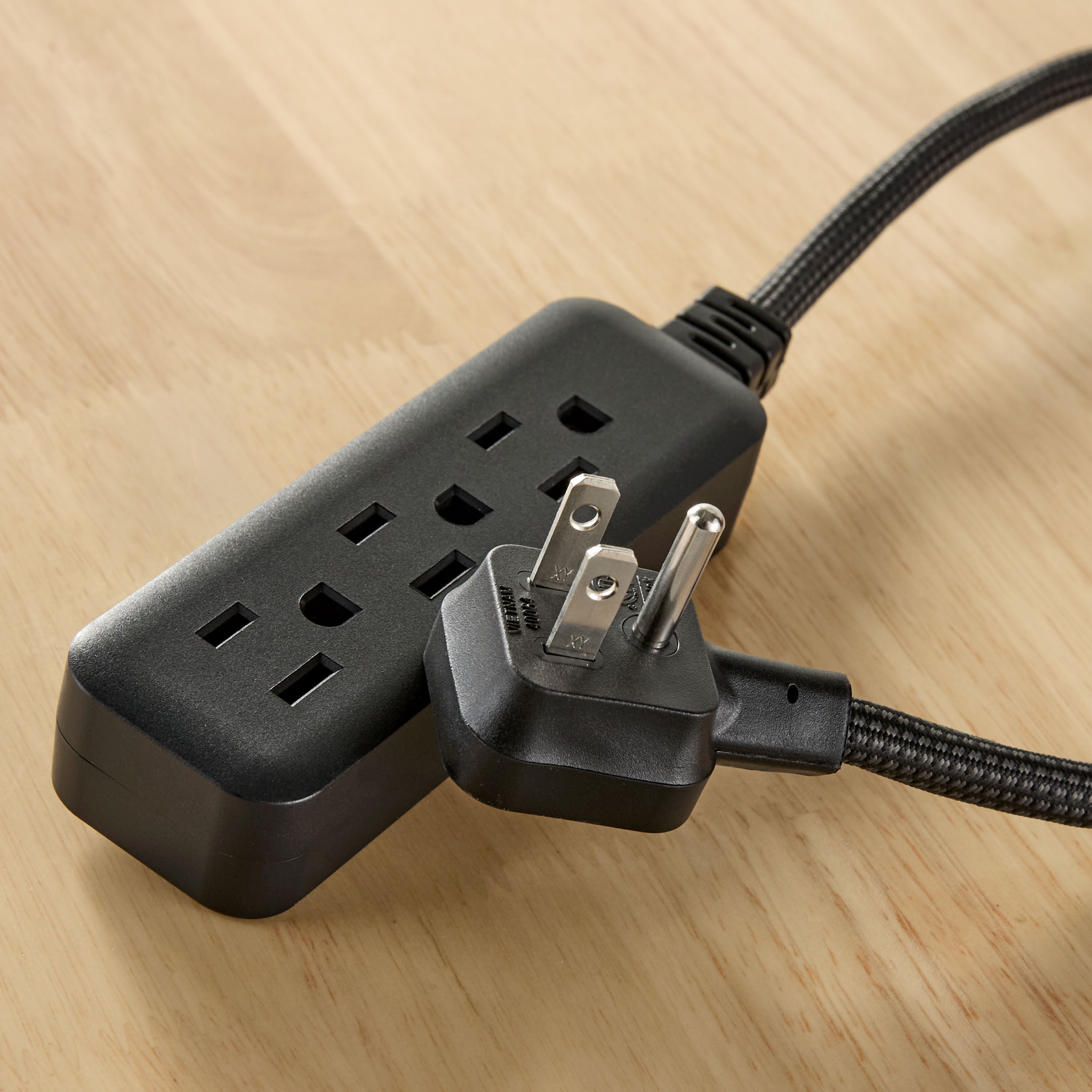 (3 pack) Hyper Tough Flat Plug Extension Cord, 2 ft Braided Cord, 3 Outlets, 3 Prong Grounded, Indoor, Black