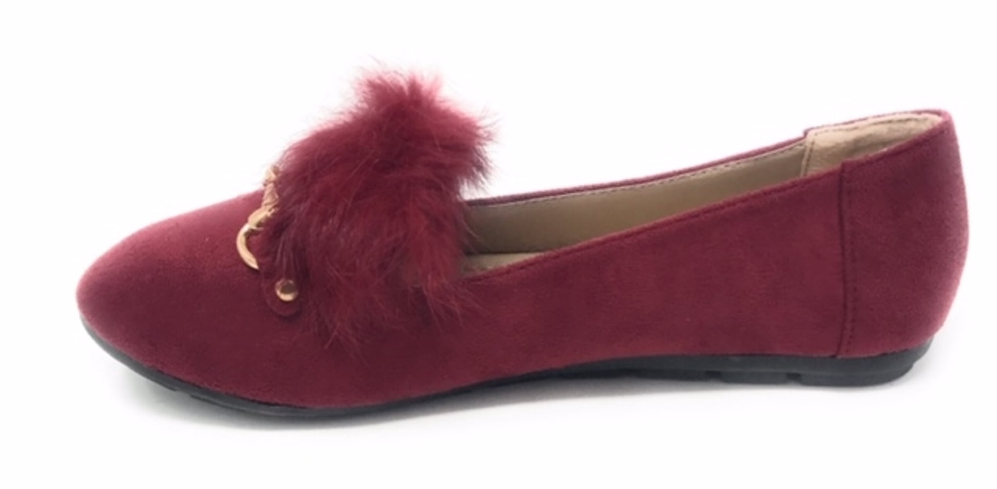 Women’s Loafer Flats with Faux Fur and Gold Chain Accent – Soft Suede-Like Slip-On Shoes – Comfortable Casual Dress Flats for Work, Office, Travel, or Everyday Wear