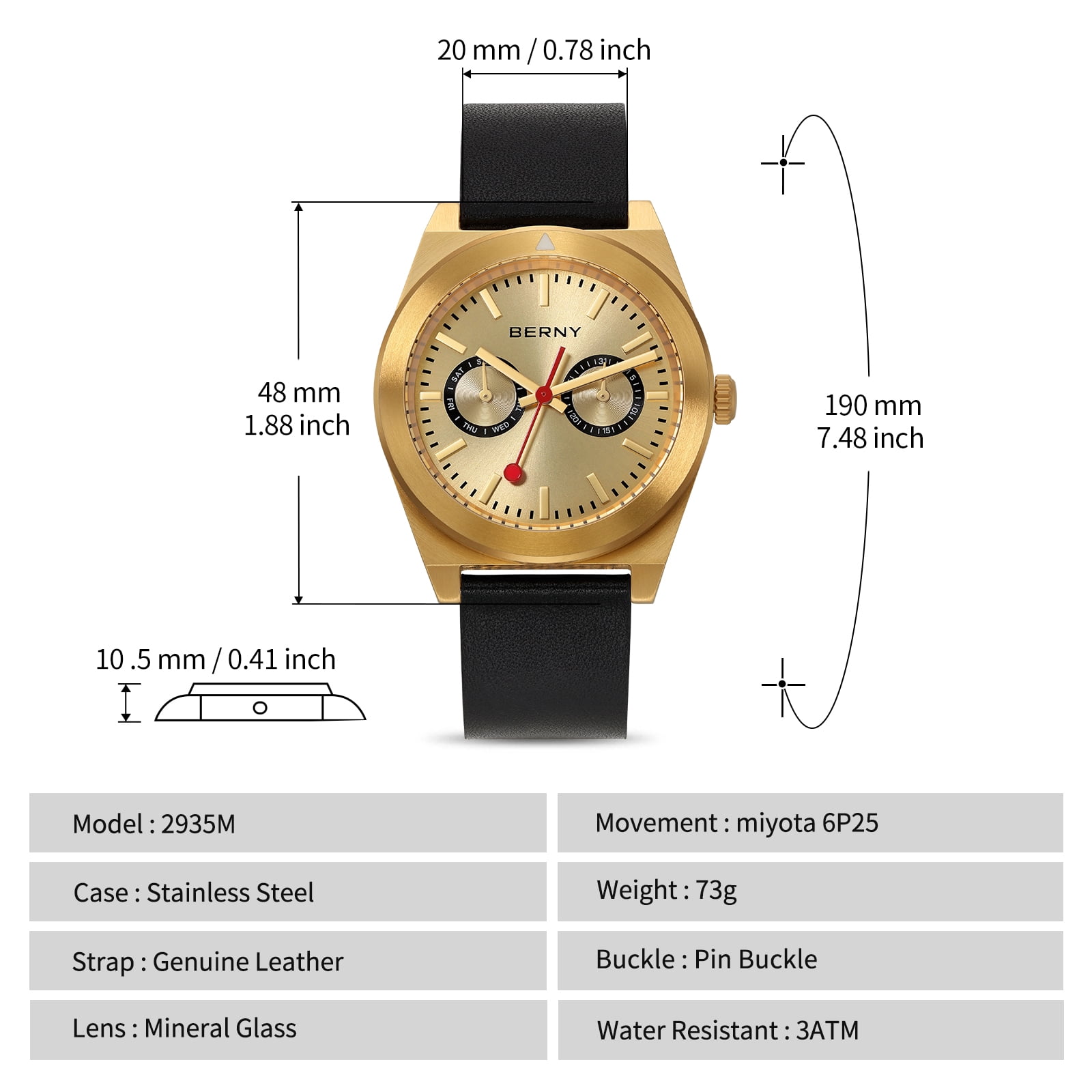 BERNY Gold Watches for Men, Classic Vintage Quartz Analog Watch with Day & Date Calendar, Leather Strap, Stainless Steel, Luminous, Waterproof, Fashion Sport Casual Men's Wristwatch (Gold)