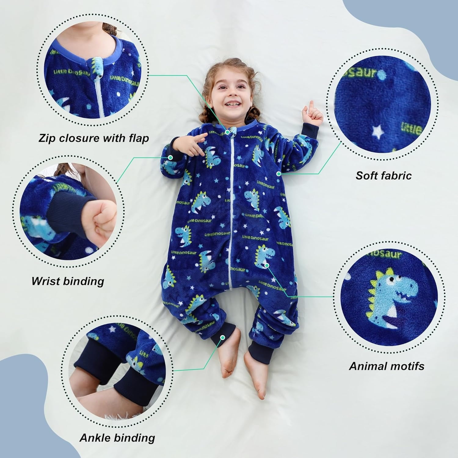 WIBACKER 6M-6Y Baby Warm Flannel Sleeping Bag, Dinosaurs Sleepsuit, Kids Toddler Boys Girls Double Zipper Wearable Sleep Sack
