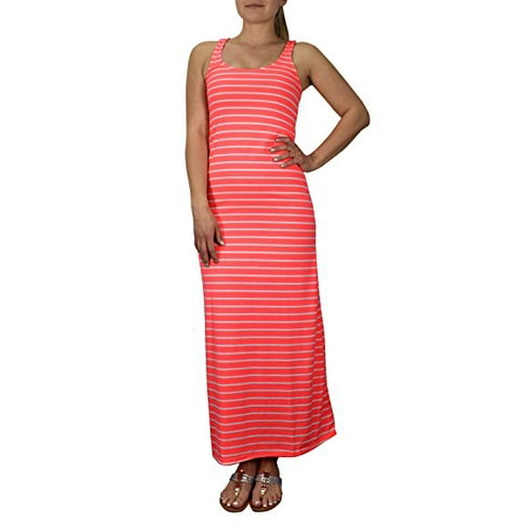 Peach Couture Racerback Summer Maxi Dress Striped Solid Sundress (Large, Striped Neon Orange)