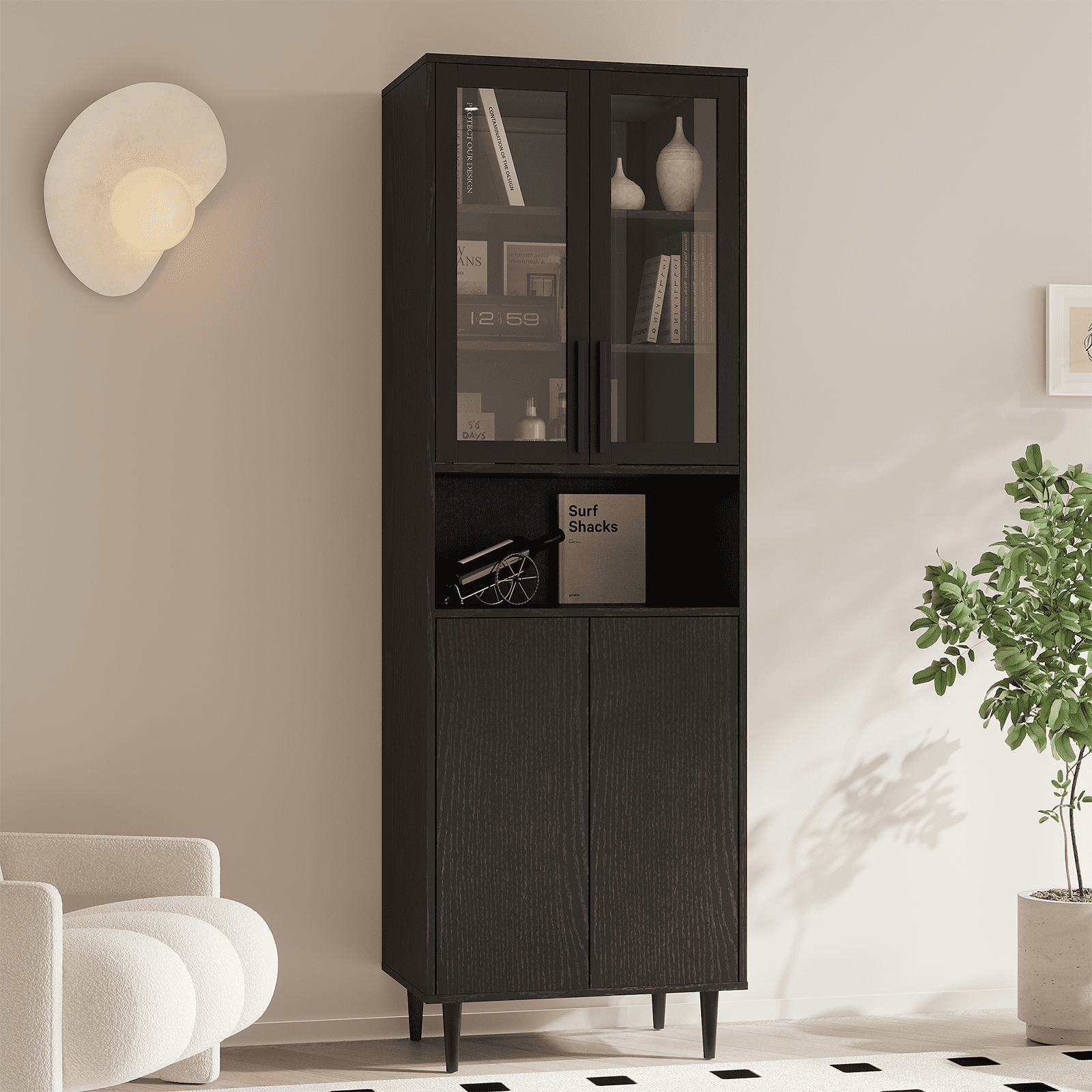 RichYa 71"H Tall Bookcase with Glass Door,4 Doors Display Bookshelf with Metal Legs,6 Tier Storage Cabinets for Living Room,Home Office,Black