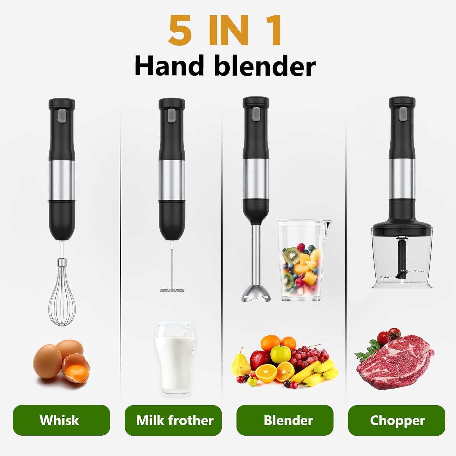 Cordless Immersion Hand Blender 5-in-1 with 2000mAh Battery, BPA-Free Stainless Steel Accessories for Smoothies and Soups