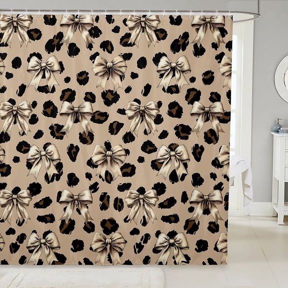Manfei Cartoon Cute Bow Shower Curtain 72Wx72L,Brown Leopard Print Bathroom Curtain