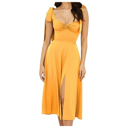 Bramtres Prom Dresses 2024 Graduation Dress Women s Sleeveless Solid Lace Up Casual Sexy Elegant High Waist Dress Skirt In Autumn And Winter Midi Dresses Sexy Dresses Homecoming Dresses Yellow Dress L