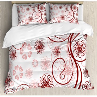 Vintage Floral Queen Size Duvet Cover Set, Flowers and Bold Lines Vibrant Color Image Valentines Day Bouquet, Decorative 3 Piece Bedding Set with 2 Pillow Shams, Pale Pink Ruby White, by Ambesonne
