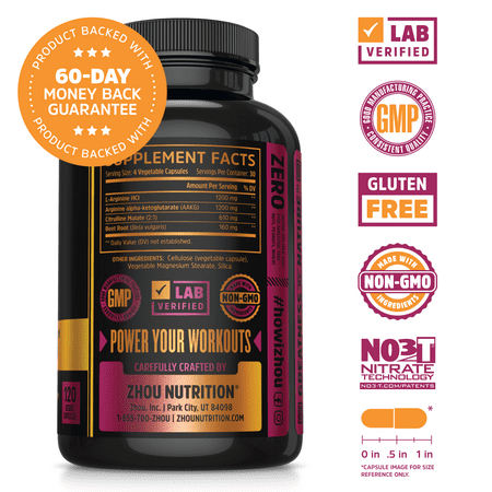 Zhou Nitric Oxide with L Arginine, Citrulline Malate, AAKG and Beet Root | Muscle Builder for Strength, Blood Flow and Endurance | 30 Servings, 120 Veggie Caps