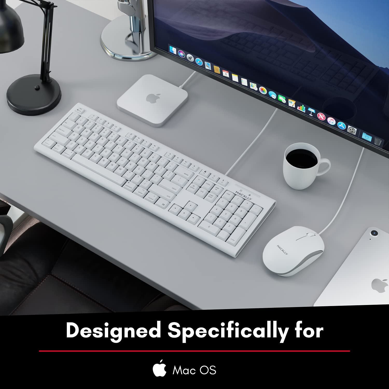 Macally USB Wired Keyboard & Mouse Combo – Full Size Ergonomic Apple Keyboard with Mac Shortcuts & Number Pad for Mac Mini, iMac, MacBook Pro/Air