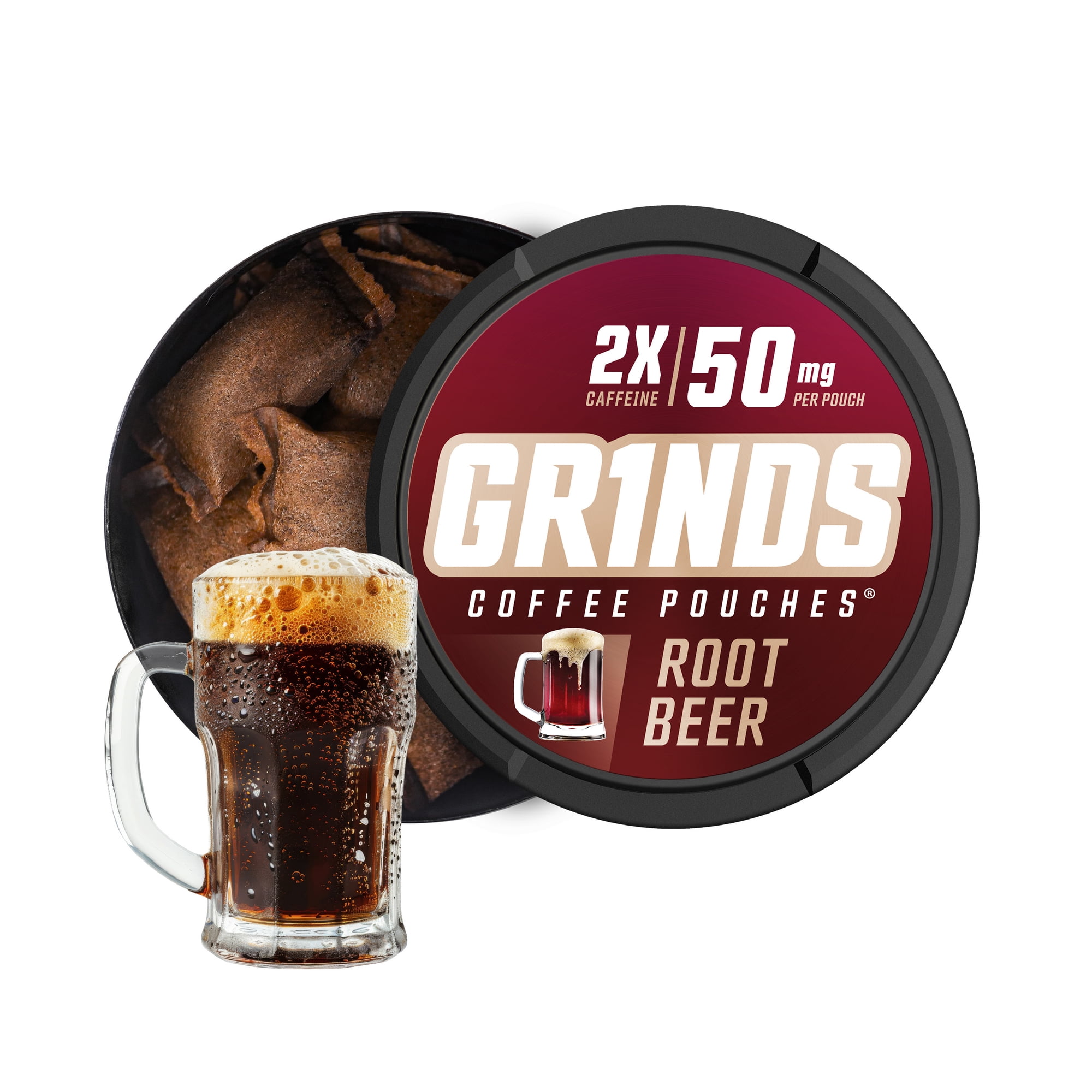 Grinds Coffee Pouches Root Beer Flavor, Tobacco/Nicotine Free, 50 mg Caffeine