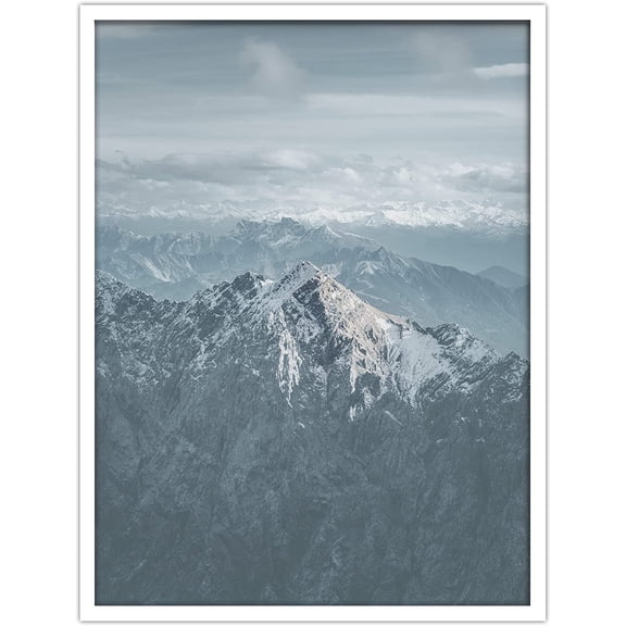 PixonSign Framed Wall Art Print Aerial View of Mountain and Forest Nature Wilderness Photography Realism Modern Landscape Relax/Calm Blue Duotone for Living Room, Bedroom, Office - 12"x16" WHITE