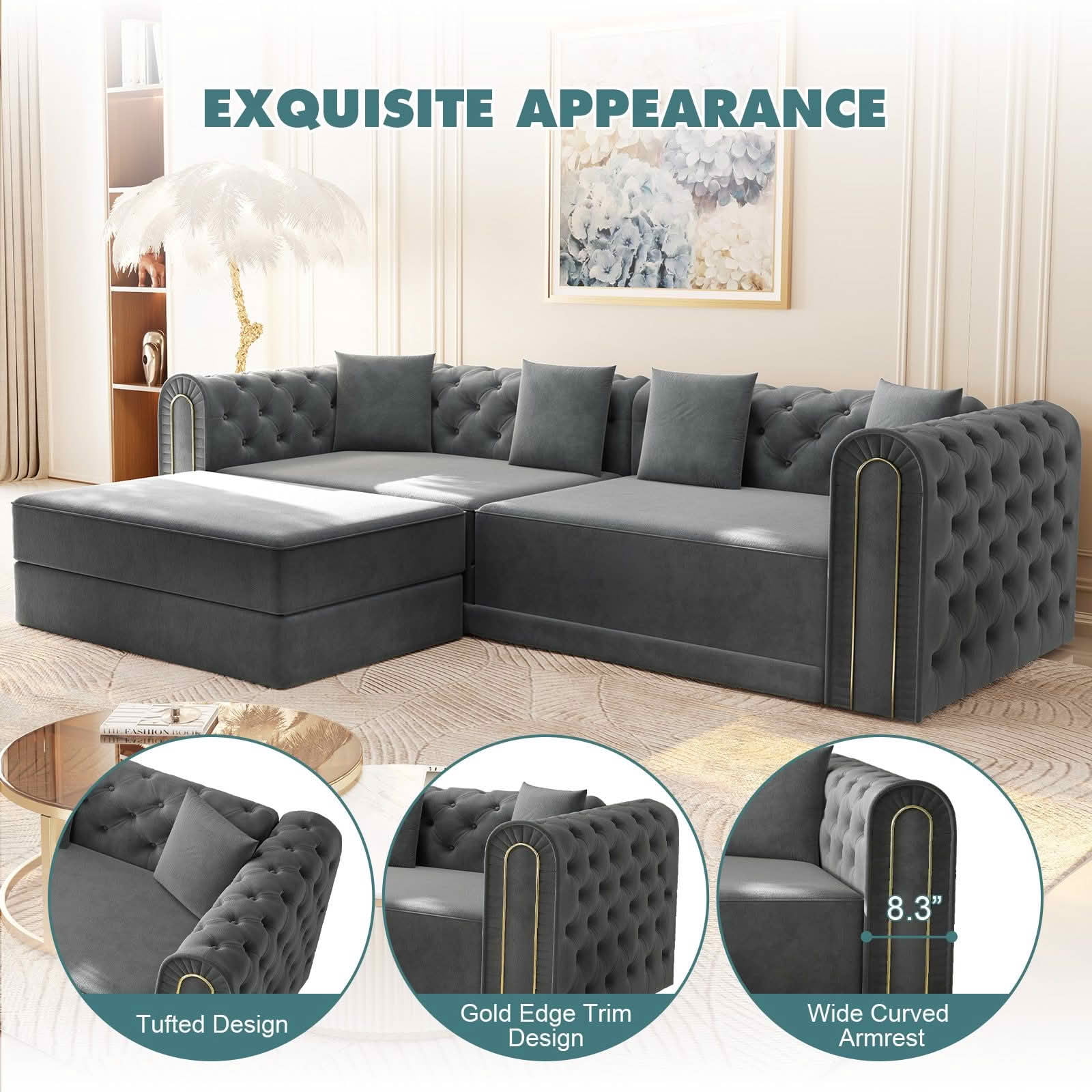 MAYEERTY 90.6" 3‑in‑1 Convertible Sleeper Sofa, Modern Velvet 3‑Seater Couch with Tufted & Gold Trim, Movable Ottoman, 4 Pillows Included