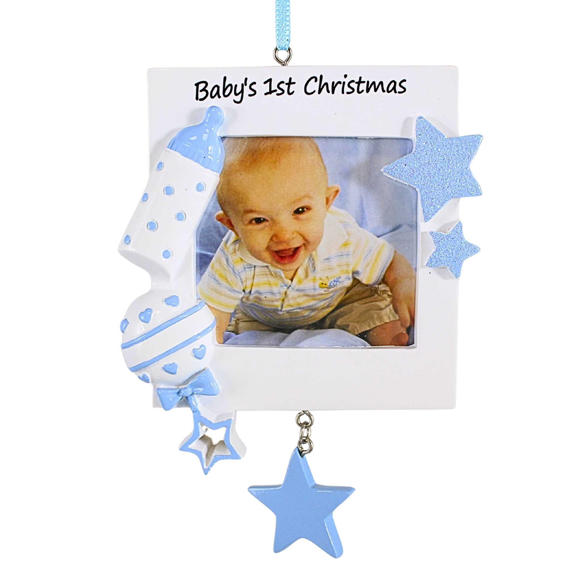 Polarx 4.50In Baby Boy First Picture Frame Ornament, Polyresin, Newborn Bottle Rattle Star Pf600