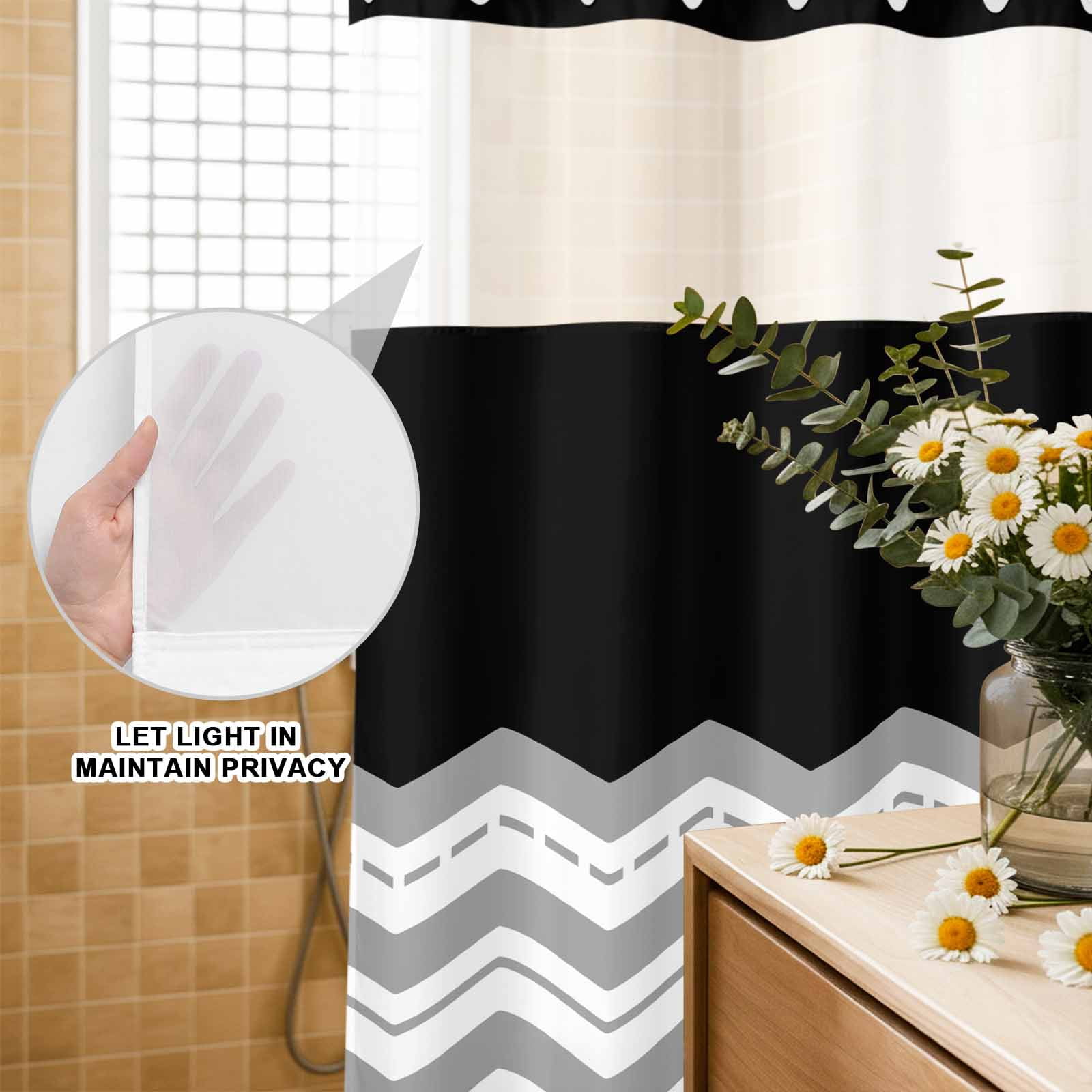 No Hook Shower Curtain Grey Waves Shower Curtain for Bathroom Black Chevron Stripe Bath Curtains Waterproof Fabric with See Through Top Window for Spa Hotel 36x72 Inch