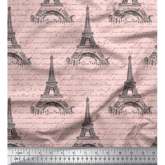 Soimoi Pink polyester Crepe Fabric Text & Eiffel Tower Architectural Print Fabric by the Yard 42 Inch Wide
