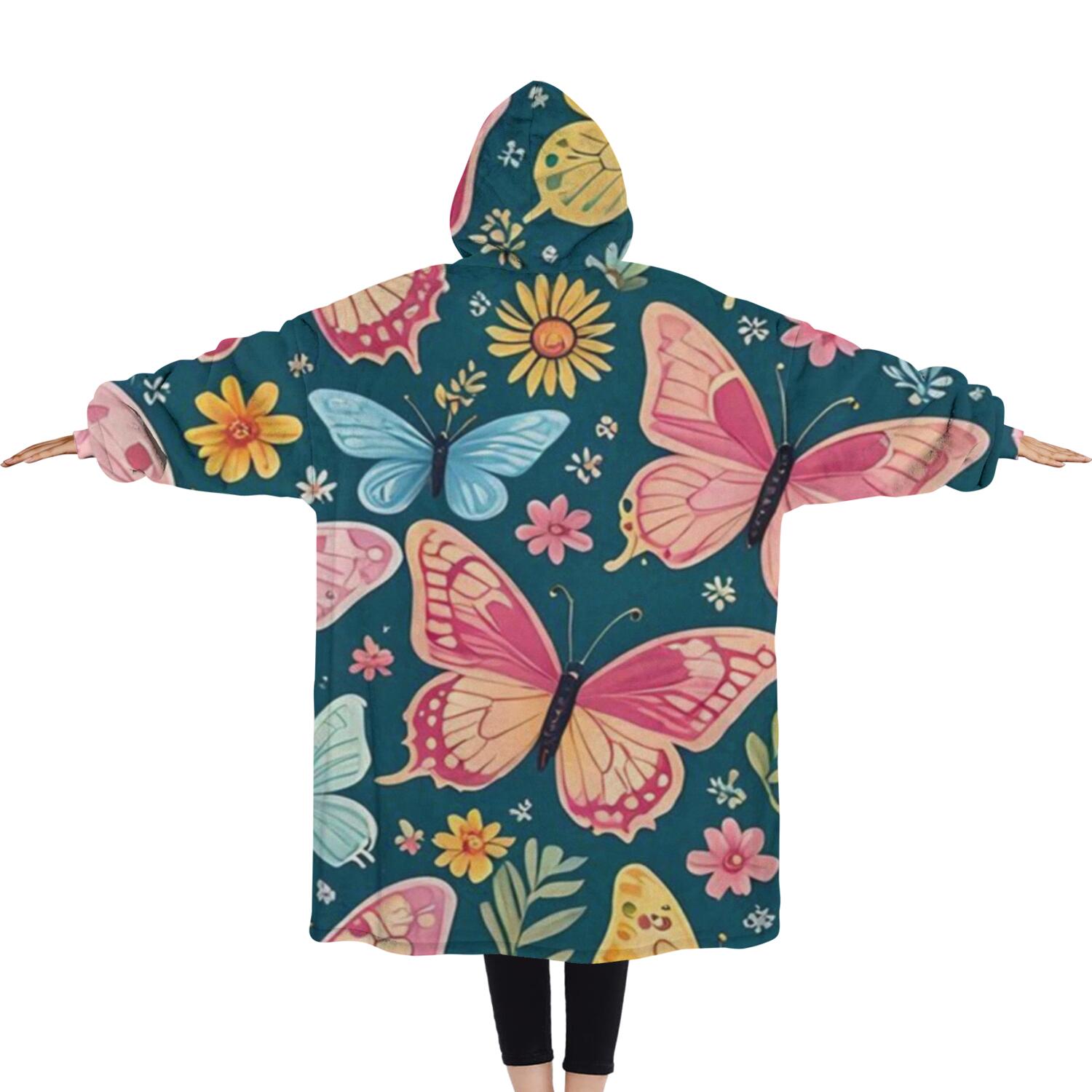 Oversized Wearable Blanket Hoodie,Pink Butterfly Rose Daisy Green Pattern Sherpa Blanket Hoodie with Super Pockets,Super Warm Fuzzy Pullover for Women & Men