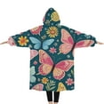 thumbnail image 2 of Oversized Wearable Blanket Hoodie,Pink Butterfly Rose Daisy Green Pattern Sherpa Blanket Hoodie with Super Pockets,Super Warm Fuzzy Pullover for Women & Men, 2 of 6
