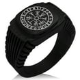 thumbnail image 1 of Stainless Steel Icelandic Vegvisir Viking Rune CZ Ribbed Needle Stripe Pattern Biker Style Polished Ring, 1 of 1