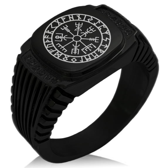 Stainless Steel Icelandic Vegvisir Viking Rune CZ Ribbed Needle Stripe Pattern Biker Style Polished Ring