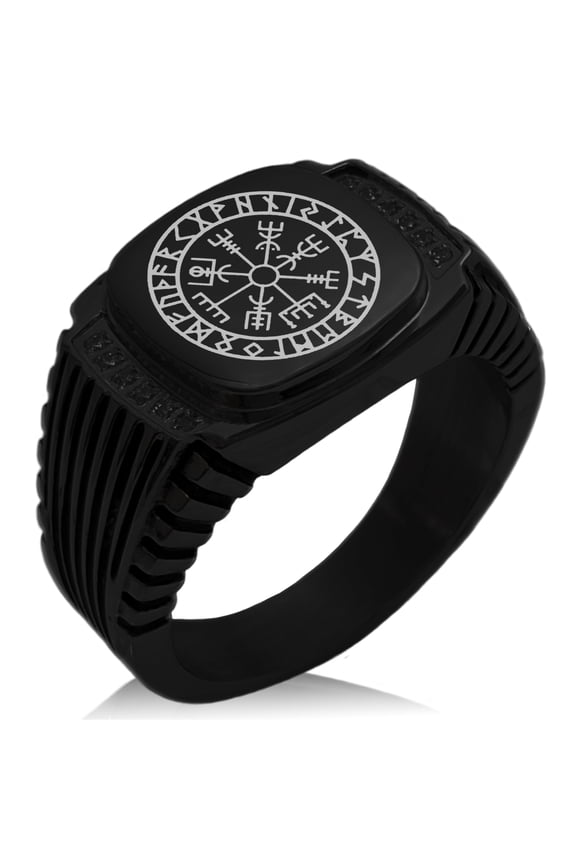 Stainless Steel Icelandic Vegvisir Viking Rune CZ Ribbed Needle Stripe Pattern Biker Style Polished Ring