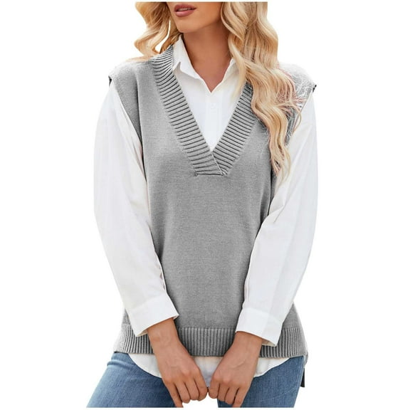 UAMVSH Sweater Vests for Women Fall Lightweight Sleeveless V-Neck Sweater Pullover Casual Knitted Tank Tops Ladies Fashion Outfits(X-Large,Gray)
