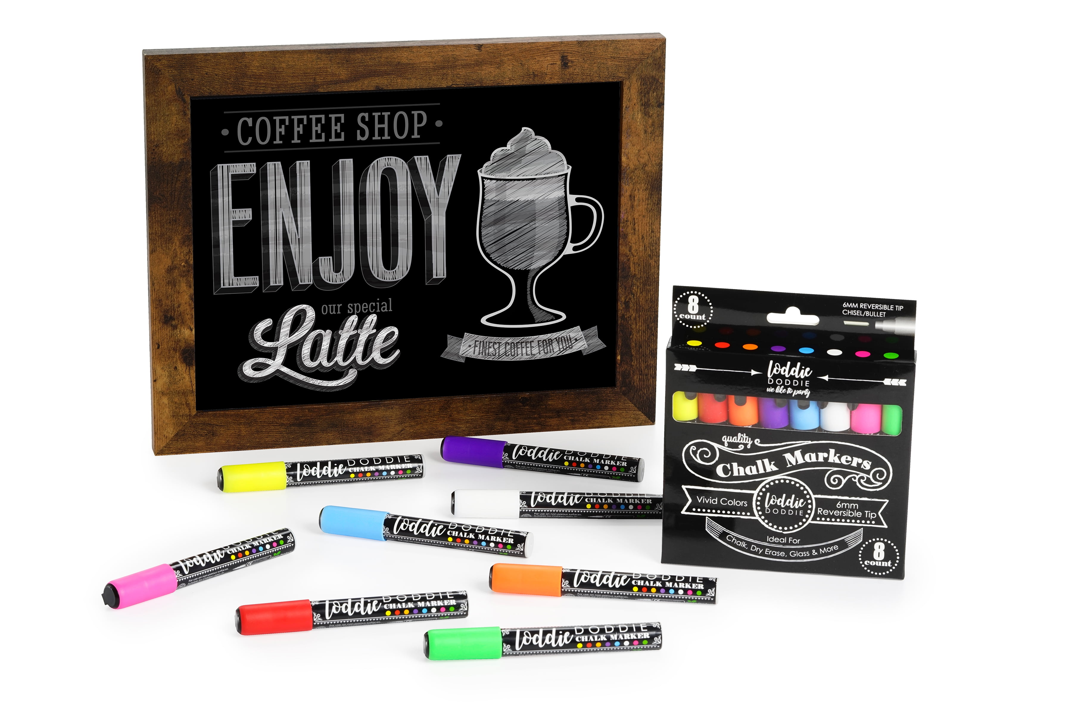 Loddie Doddie Liquid Chalk Markers - Pack of 4 Chalk Pens - Perfect for  Chalkboards, Blackboards, Windows, Glass, Bistro | 6mm Reversible Bullet 