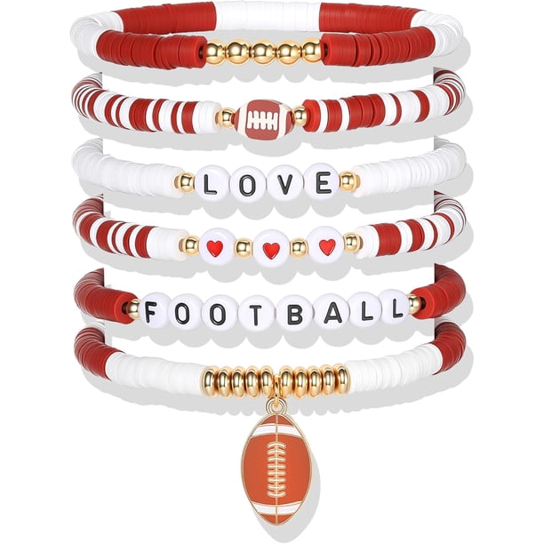 YanonmyfdWorld Soccer Game-day Cup Bracelet Stack Set 7pcs Softball/Baseball/Basketball/Soccer/Volleyball/Tennis/Football Stretch Sports Fans Jewelry Sports Beaded Bracelets with Charms,Q-Football
