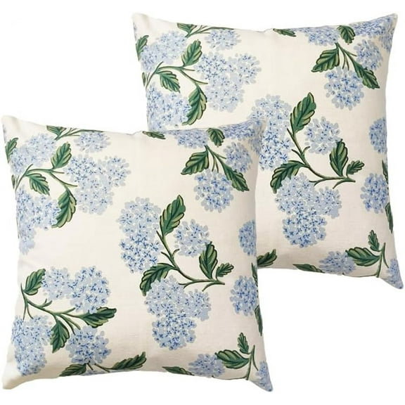 Blue Hydrangea Flower Throw Pillow Covers 18x18 Inch Set of 2 Decorative Farmhouse Cotton Linen Floral Pillowcases Square Blue Floral Cushion Covers for Couch Sofa, Cream White