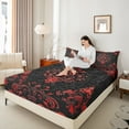 thumbnail image 3 of Manfei Bohemian Damask Fitted Sheet Set Queen, Black Red Bedding Queen Size, Victorian Flower Bed Cover, Breathable Bedroom Decoration, 3 Pieces, 3 of 6
