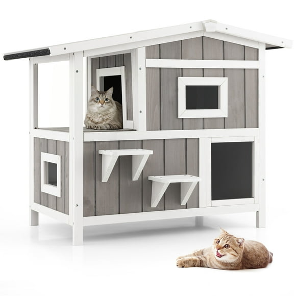 Costway Casa Exterior para Gatos de 2 Pisos de Madera con Puerta de Escape