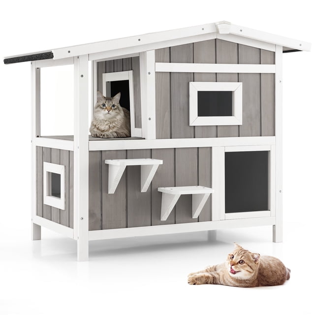 Costway Casa Exterior para Gatos de 2 Pisos de Madera con Puerta de Escape