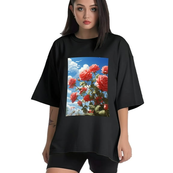 Plus Size Shirt for Women Black Tops for Women Short Sleeves Shirt for Women Red Rose And Sky6 T Shirt Crewneck Shirt for Women XS