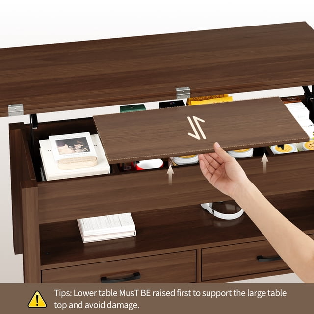 Table Basse Moderne à Plateau Relevable - Table Convertible Multifonctionnelle avec Tiroirs et Rangement Caché, Réglable en Hauteur de Salle à Manger, Parfaite pour le Salon Ou les Petits Espaces, Bois de Noyer (Variante Orme T-18)