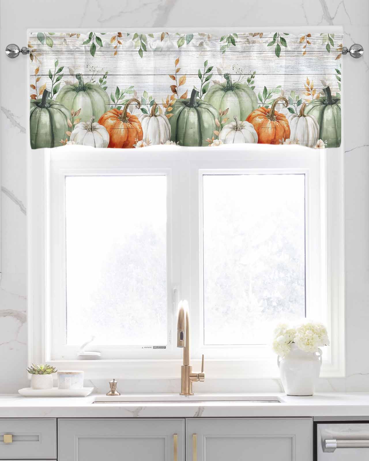 Thanksgiving Fall Kitchen Valances for Windows Farmhouse Linen Window Valance Curtain for Living Room Window Treatment Autumn Eucalyptus Sage Green Pumpkin Valance Rod Pocket Topper, 60 x 18 Inch