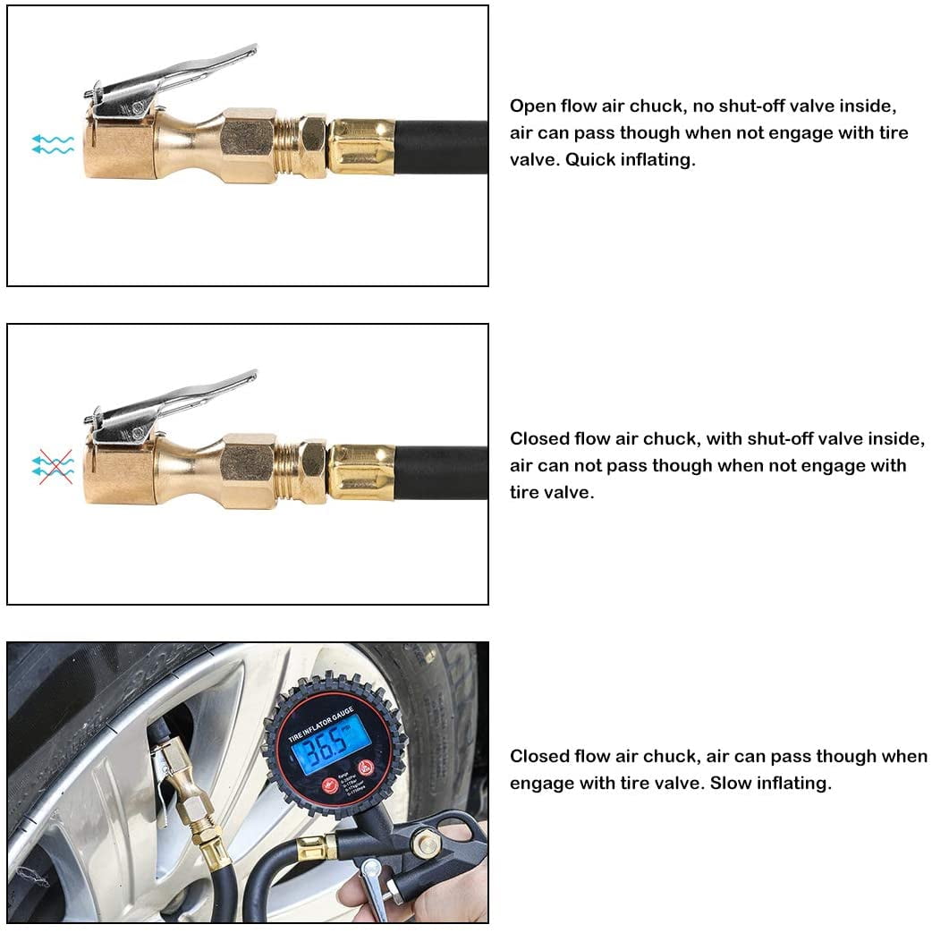 2 Pack Open Flow Straight Tire Chuck with Lock-on Clip CZC AUTO Heavy Duty Brass Air Chuck 1/4 FNPT Tyre Chuck for Tire Inflator Pressure Gauge Air Pump Compressor Accessories 