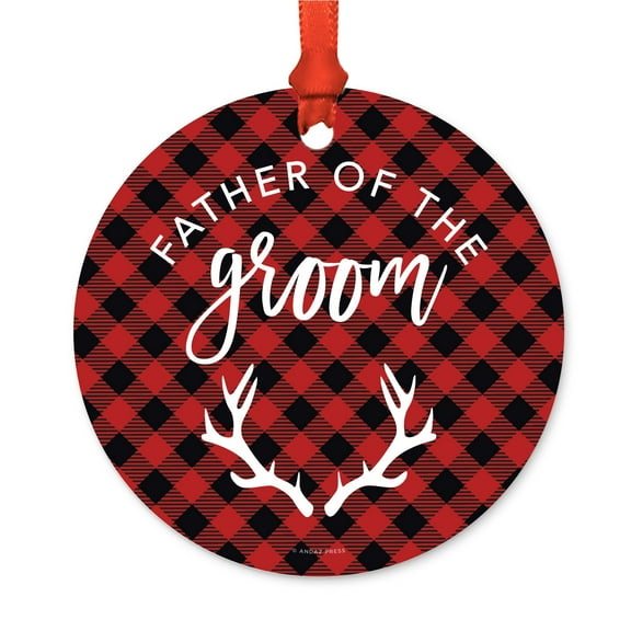 Family Wedding Metal Christmas Ornament, Father of the Groom, Red Plaid, Includes Ribbon and Gift Bag