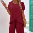 thumbnail image 2 of WTOBBY Women's Asymmetrical Casual Two-Piece Set, Loose Short Sleeve Round Neck Top & Irregular Hem Pants, Unique Street Style,Wine 2XL, 2 of 5