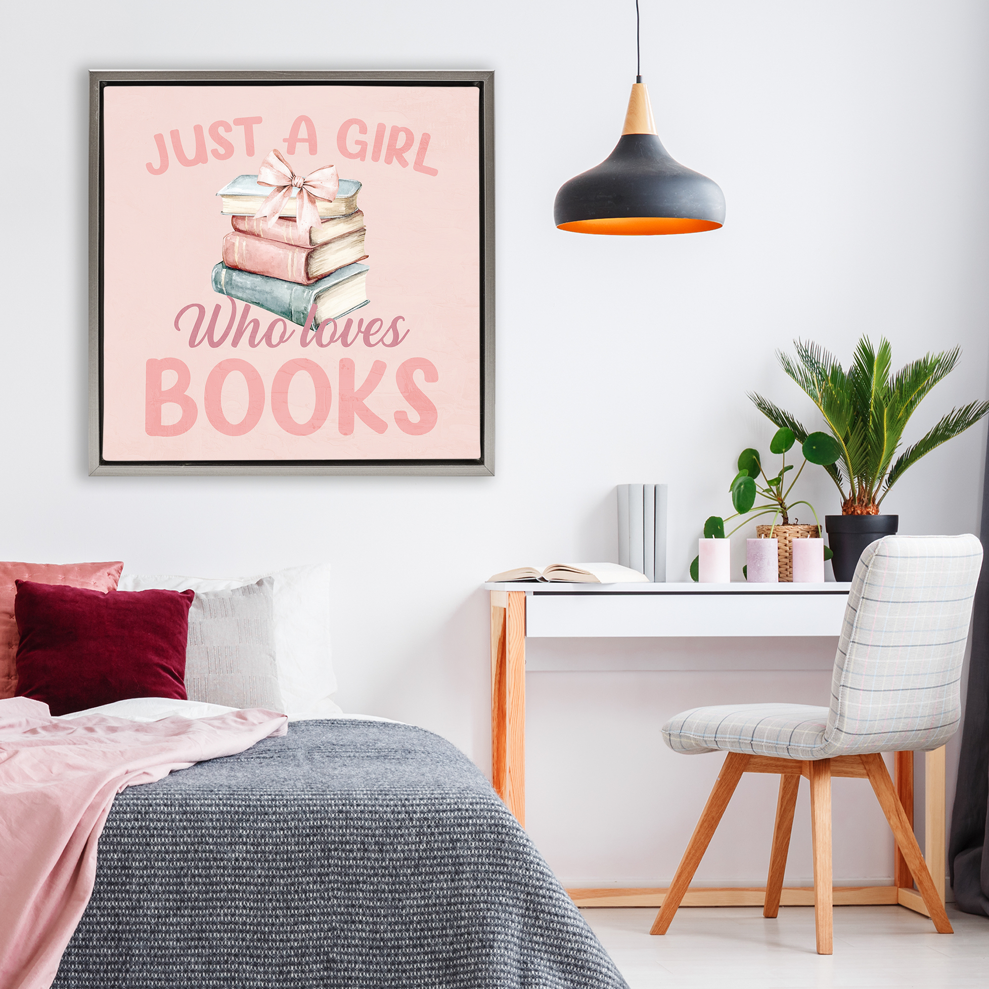 Reader Girl Who Loves Books Gray Framed Floater Canvas Wall Art, design by Kim Allen