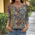 thumbnail image 4 of 3/4 Length Sleeve Womens Tops Cotton Oversized Crewneck Three Quarter Sleeve T Shirts Summer Casual Floral Print Plus Size Round Neck Loose Comfy Short Sleeve Tee Shirt, 4 of 5