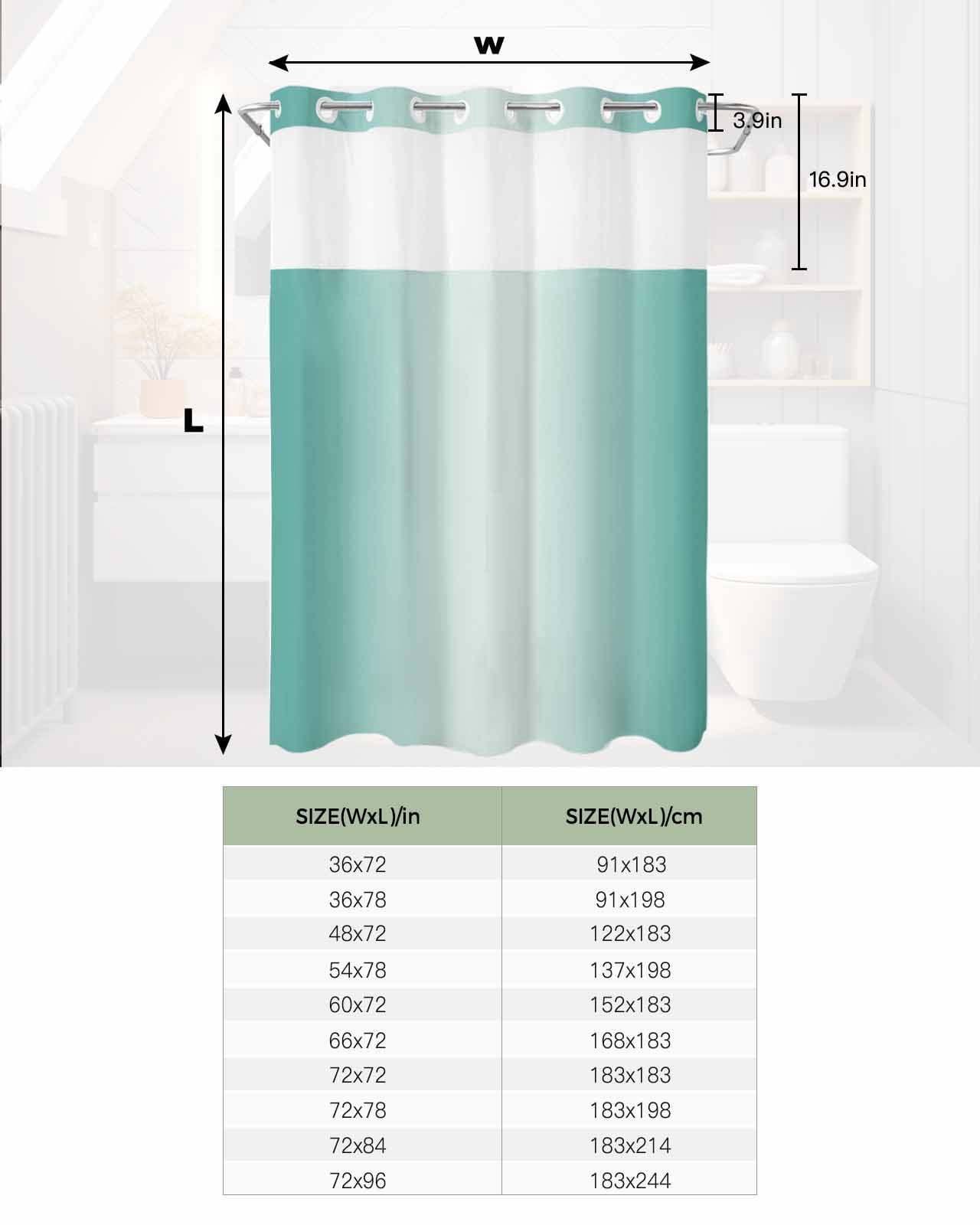 No Hook Shower Curtain with Snap in Liner, Ombre Abstract Gradient Teal Turquoise Hotel Shower Curtains for Bathroom, Washable Shower Curtain Liner Set with Mesh Top Window, 54"x78"