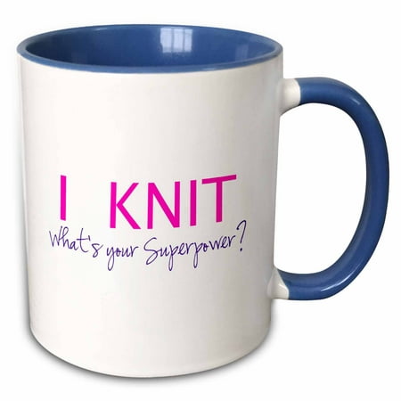 3dRose I Knit - Whats your superpower - fun gift for knitters - knitting love - Two Tone Blue Mug,