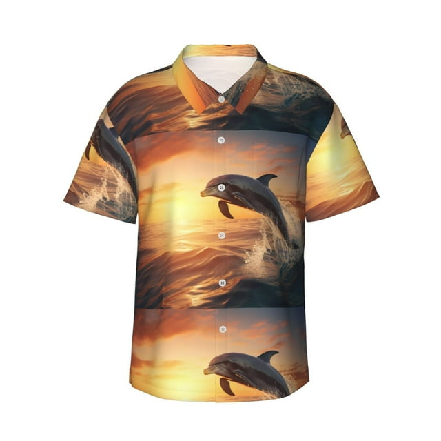 Balery Sunset Dancing Dolphin A Camisas hawaianas de manga corta para hombre, camisas playeras de corte holgado, camisas de vacaciones con botones,Medium
