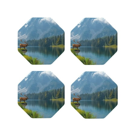 

Vsdgher Majestic Deer Mountain Lake Leather Coasters for Drinks Durable Drink Coasters 4 Set for Tabletop Protection Luxurious Home Décor and Housewarming Gift-Octagon