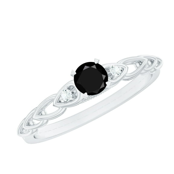 Rosec Jewels Black Spinel Promise Ring with Diamond Side Stones (0.50 CT, AAA Grade), 925 Sterling Silver, US 4.00