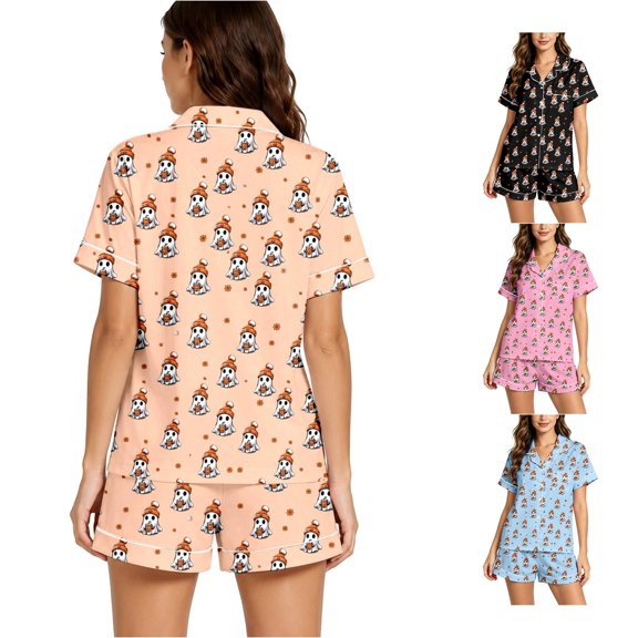 XFeng Women Ghost Pumpkin Print Short Sleeve Top & Shorts 2 Piece Pajama Set, Halloween Sleepwear