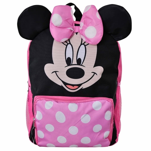 Disney Minnie Mouse 3D Pink and Black with Polka dots, Nylon Kids 16" School Backpack for Girls ages 3