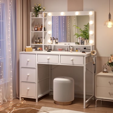 Vanity with Mirror and Lights Makeup Vanity Desk with 5 Fabric Drawers & Power Outlet & Hair Dryer Rack Dressing Table for Bedroom,White