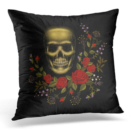 ECCOT Vintage Human Skull Bone Flower Red Rose Arrangement Embroidery Patch Low Poly Polygonal Triangle Dead Pillowcase Pillow Cover Cushion Case 18x18