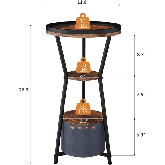 Round Side Table, Small Drink Table for Small Spaces, 3-Tier Industrial End Table, Accent Nightstand Bedside Table for Living Room, Bedroom, Sofa Couch, Rustic Brown