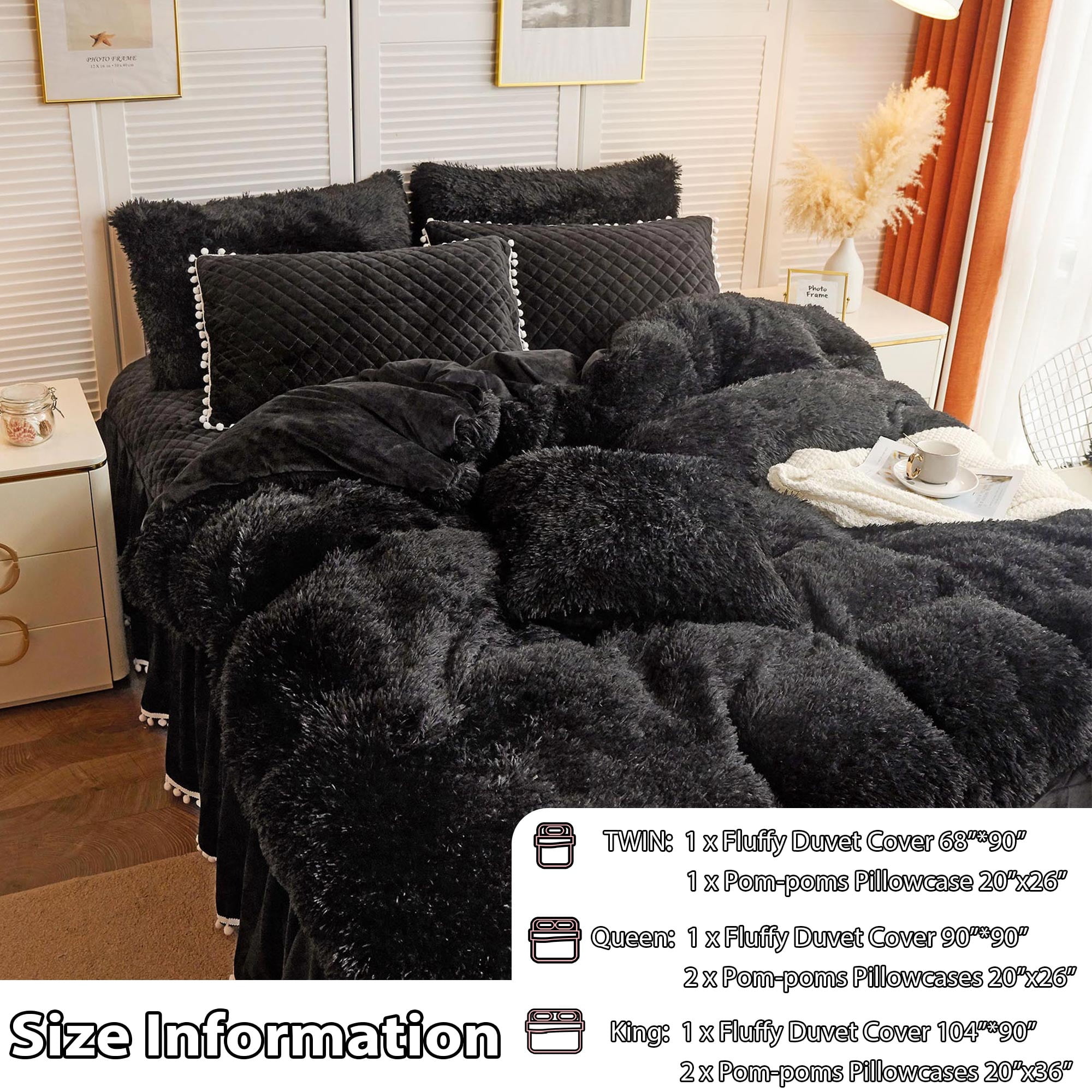LIFEREVO Luxury Plush Shaggy Duvet Cover Set, Soft Velvet Fluffy Furry Duvet Cover Set(1 Faux Fur Fuzzy Comforter Cover + 2 Pom Poms Pillow Cases) Solid Bedding Set, Zipper Closure(Full/Queen, Black)