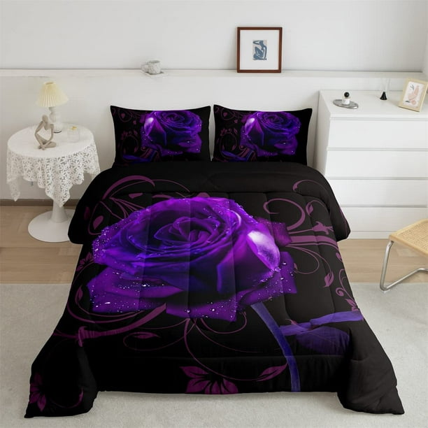 Parure de lit motif fleurs reine pour filles, décoration de chambre d'amour  romantique 3D violet rose couette adulte chambre Saint Valentin cadeau  parure de lit 1 couette avec 2 taies d'oreiller, léger